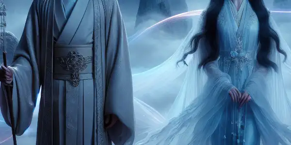 A mystical ancient temple scene featuring a scholarly man and a ghostly woman amidst nature and moonlit mountains.