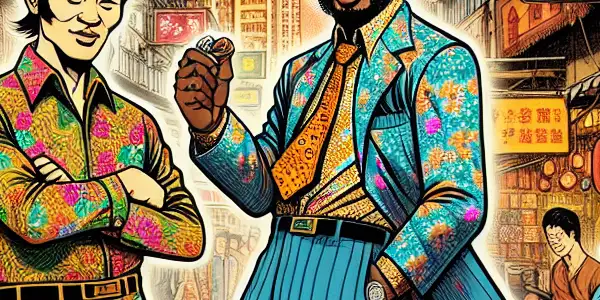 A lively 1970s Hong Kong street scene featuring two comedic characters in vibrant fashion, surrounded by shops and vendors.