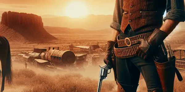 A rugged cowboy stands confidently in a vast Western landscape at sunset, with a loyal horse and a dusty town nearby.