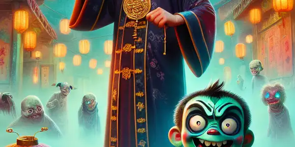 A comical Taoist priest and a playful zombie duel in a whimsical, spooky Chinese village.