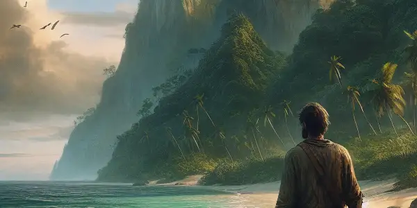 A solitary figure on a deserted island, surrounded by tropical vegetation, makeshift tools, and a shipwreck.
