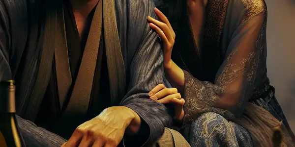 A tense, intimate conversation between a man and woman in a dimly lit living room, hinting at forbidden romance.