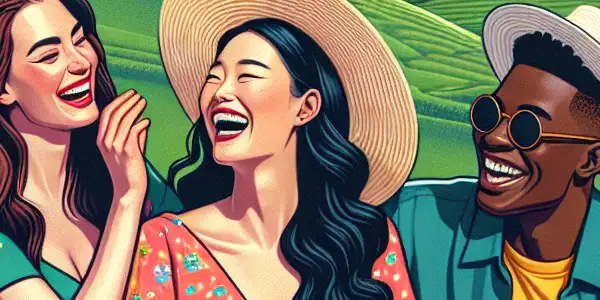 Two couples enjoying a sunny picnic in the South Korean countryside, surrounded by cherry blossoms and traditional houses.