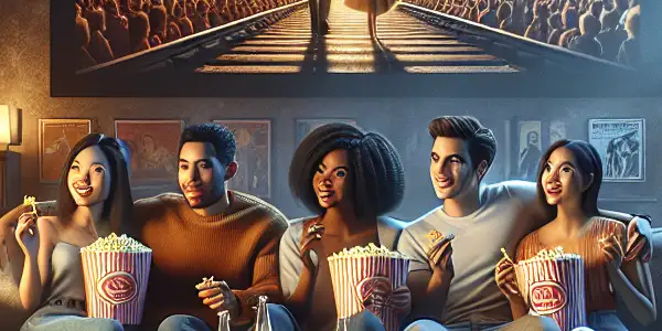 A cozy home movie night with friends enjoying a classic film, popcorn, and drinks in a warmly lit room.