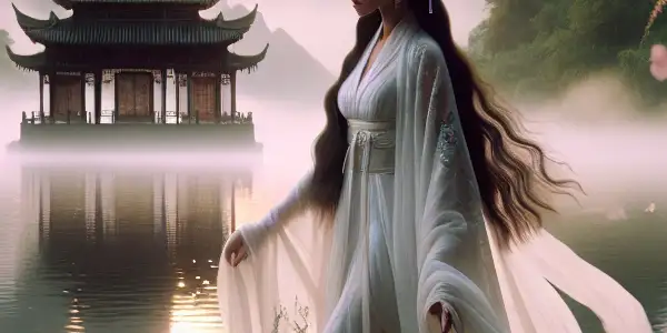 Chen Yulian as Xiaolongnv in a misty Chinese landscape, wearing a flowing white dress amidst cherry blossoms.