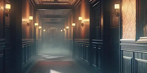 A dimly lit hotel corridor with peeling wallpaper, a cracked family portrait, and ghostly figures creating a suspenseful atmosphere.