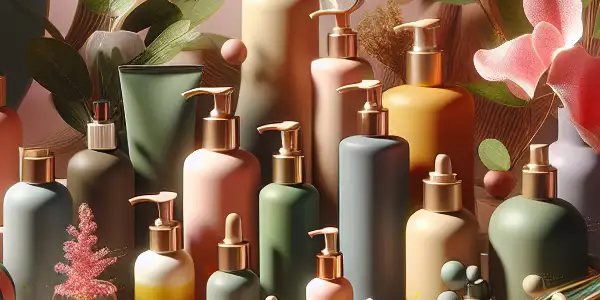 A beautifully arranged display of colorful lubricant bottles surrounded by natural elements, creating an inviting and intimate atmosphere.