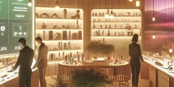 A futuristic adult products store featuring innovative, eco-friendly toys and diverse shoppers in a warm, inviting atmosphere.