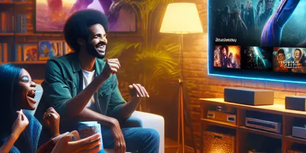 A diverse group of friends enjoying a movie in a cozy home theater with popcorn and vibrant movie posters.