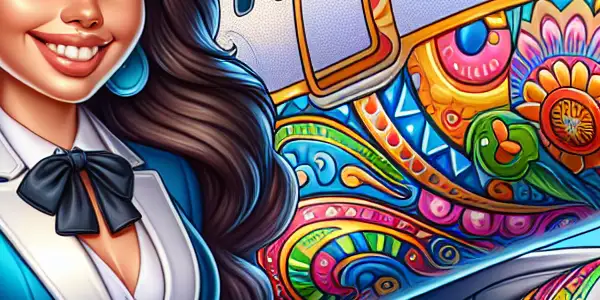 A cheerful female flight attendant welcomes passengers aboard a whimsical, colorful airplane under a bright blue sky.