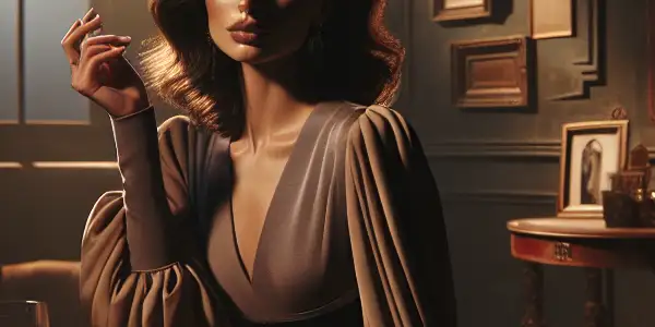 A captivating woman in a dimly lit room, embodying mystery and allure amidst elegant furnishings and soft shadows.