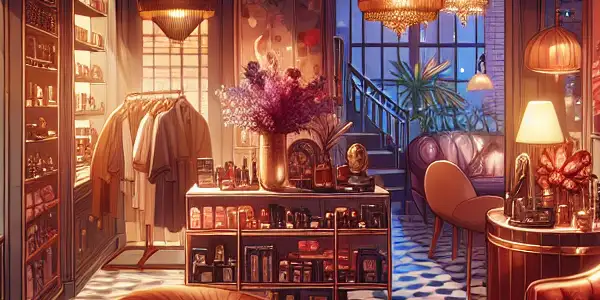 An upscale adult store interior featuring elegant products, cozy seating, and a warm, inviting atmosphere.