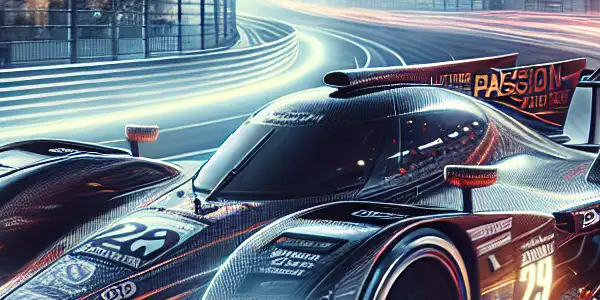 A futuristic race car speeds through a vibrant city racetrack, surrounded by cheering crowds and illuminated skyscrapers.