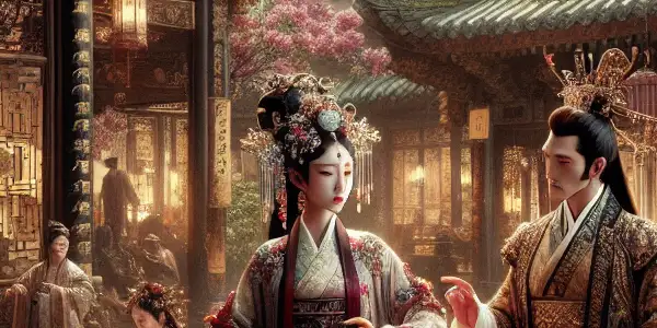 A dramatic scene in an ancient Chinese courtyard featuring a beautiful woman and a conflicted man, embodying passion and tension.