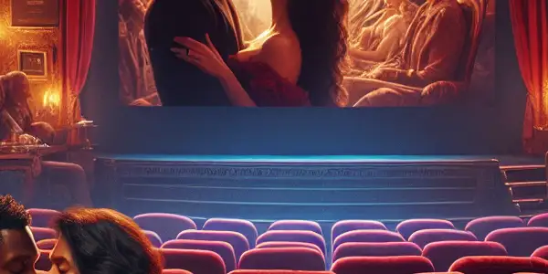A couple shares an intimate moment in a cozy movie theater, surrounded by vintage film nostalgia and romantic ambiance.