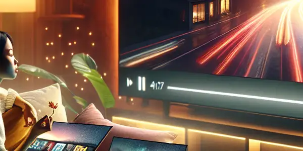 A person relaxing on a couch, watching high-definition adult videos in a cozy, dimly lit home environment.