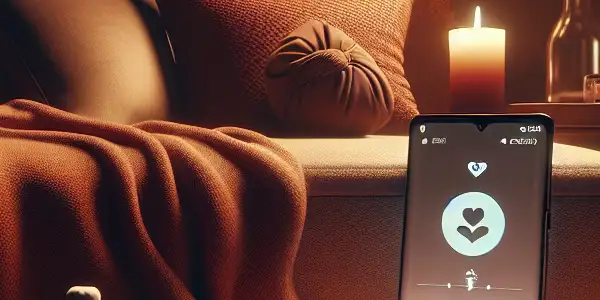 A cozy room with a smartphone app for mobile erotic massage, featuring soft lighting, cushions, and aromatherapy candles.