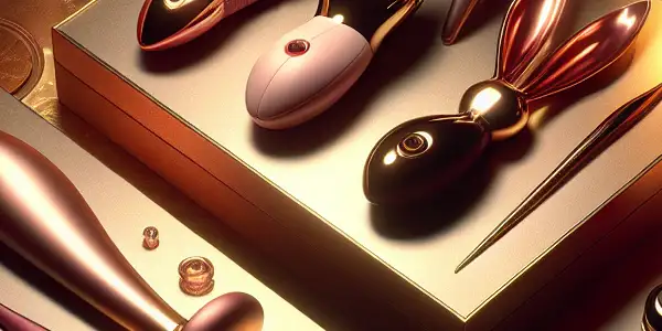 An elegant display of modern adult products arranged on a plush surface, creating a romantic and intimate atmosphere.