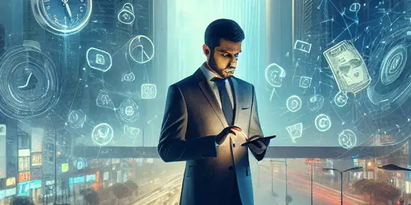 A contemplative office worker calculates transportation expenses in a bustling urban setting filled with skyscrapers and shadows.