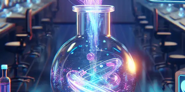 A futuristic laboratory showcasing a glowing vial of erotic drug amidst advanced technology and vibrant holographic displays.