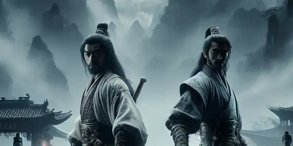 Two heroic swordsmen stand back-to-back in a misty, ancient landscape, facing a looming evil force.