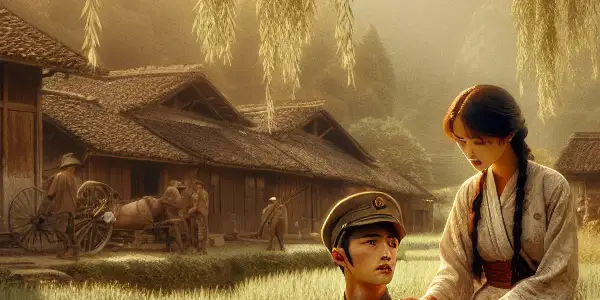 A soldier and a local girl share a tender moment under a willow tree during wartime.