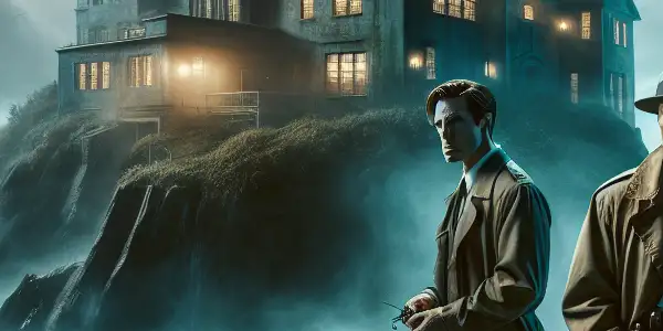 A foggy, desolate island with a dilapidated mental institution, featuring rugged marshals and shadowy figures.