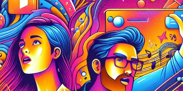 A lively digital landscape showcasing two characters engaging with a futuristic entertainment platform filled with interactive elements.