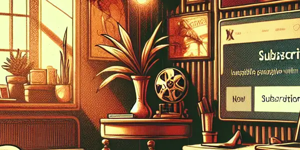 A cozy vintage room with a plush armchair, large screen, and nostalgic film elements for adult film subscription viewing.