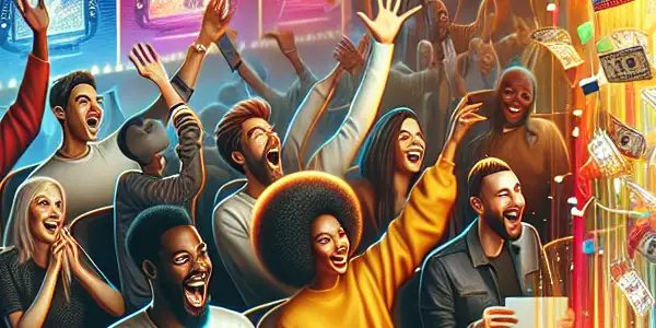 A lively virtual lottery event featuring diverse participants excitedly engaging with devices and showcasing enticing adult film prizes.