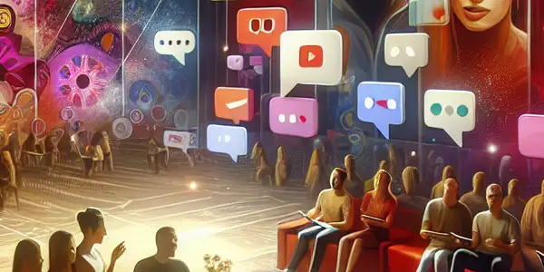 A vibrant online forum scene with diverse users discussing adult films, featuring colorful icons and cozy virtual lounges.