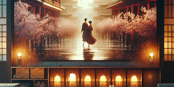 A cozy, vintage room with a large screen displaying abstract adult-themed visuals and subtle Japanese influences.