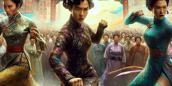 Three strong female martial artists in vibrant traditional costumes poised for action in a chaotic historical Hong Kong marketplace.