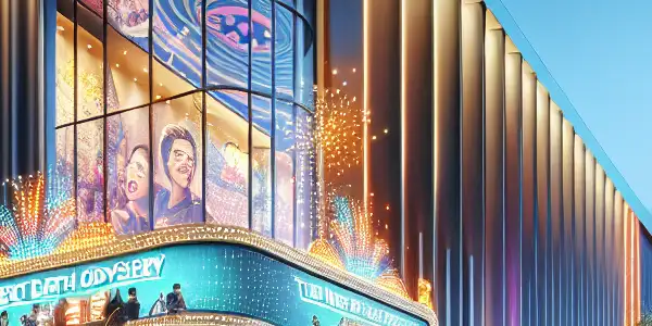 A bustling cinema exterior with families and friends eagerly entering, illuminated by bright lights and a marquee.