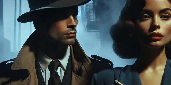 Two detectives in a dimly lit alley, contemplating a vintage film poster amidst shadows and palm trees in 1940s Los Angeles.