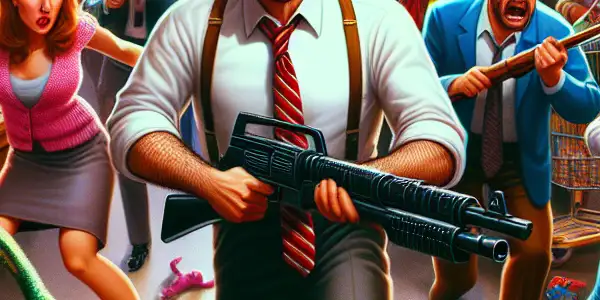 A chaotic toy store filled with quirky employees battling playful alien parasites during a humorous Black Friday shopping frenzy.