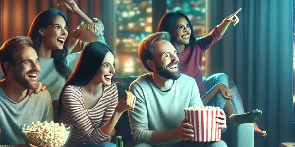 A cozy living room filled with friends enjoying a movie night, surrounded by snacks and warm lighting.