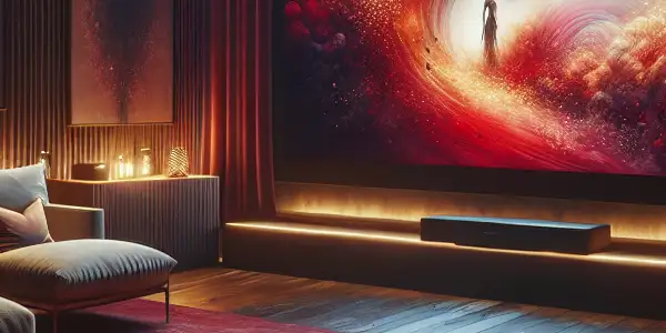 A cozy home theater setting with plush seating, ambient lighting, and an abstract screen evoking intimacy.