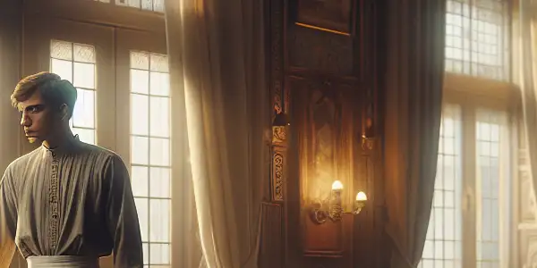 A weary maid in period attire stands in a vintage household, surrounded by laundry and a neglected toy.