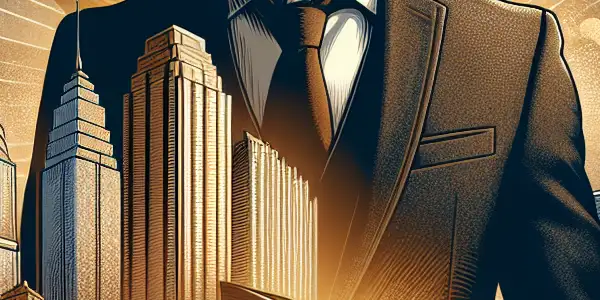 A determined office worker stands confidently in a bustling cityscape, symbolizing ambition and personal growth.