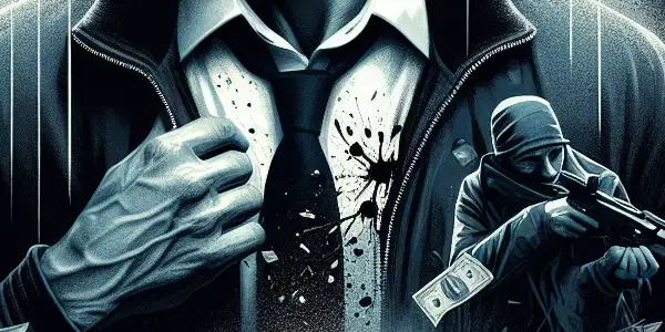 A brooding Jason Statham stands in a gritty urban setting, surrounded by shattered glass and lurking adversaries, hinting at vengeance.