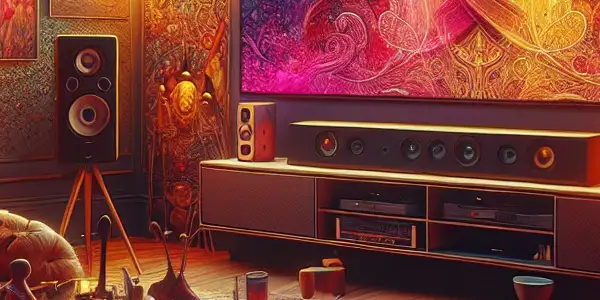 A cozy home theater with ambient lighting, plush seating, and a large screen displaying abstract passion-themed visuals.