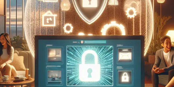 A cozy home setting featuring diverse individuals enjoying safe adult entertainment browsing on a computer.