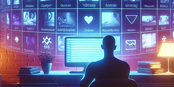 A modern digital interface showcasing a secure adult entertainment database with colorful video thumbnails and a relaxed user silhouette.