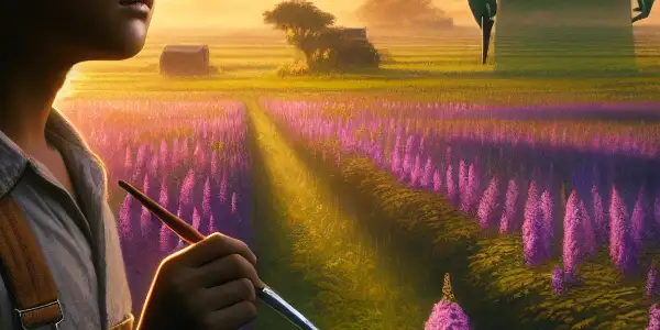 A young boy with a paintbrush in a rural Taiwanese sunset, surrounded by purple flowers and shadows of complexity.