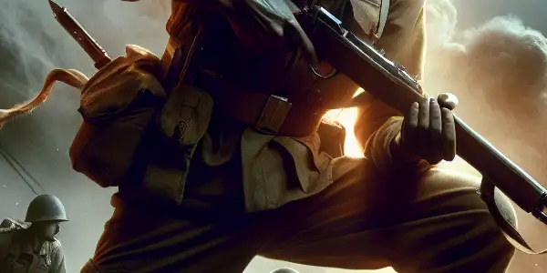 A heroic soldier stands determined in a war-torn battlefield, embodying strength amidst chaos and camaraderie.