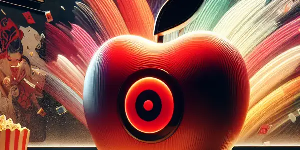 A modern user interface for "Red Apple Movies," featuring film reels, screens, and a cozy movie-watching ambiance.