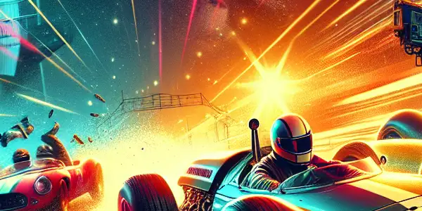 A nostalgic racing scene featuring vintage cars speeding under a starry night, illuminated by neon lights.