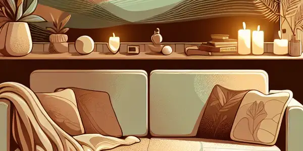 A cozy, softly lit room with plush furnishings, a steaming cup of tea, and abstract visuals promoting safety and relaxation.