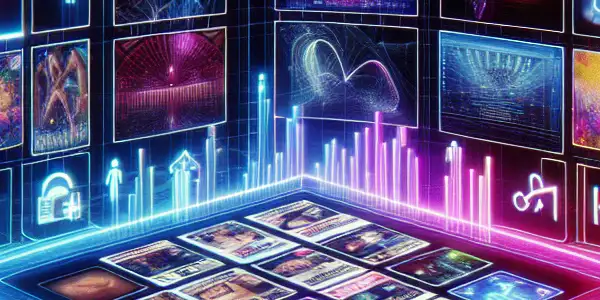 A futuristic digital marketplace showcasing adult entertainment with vibrant neon colors and enticing video thumbnails.